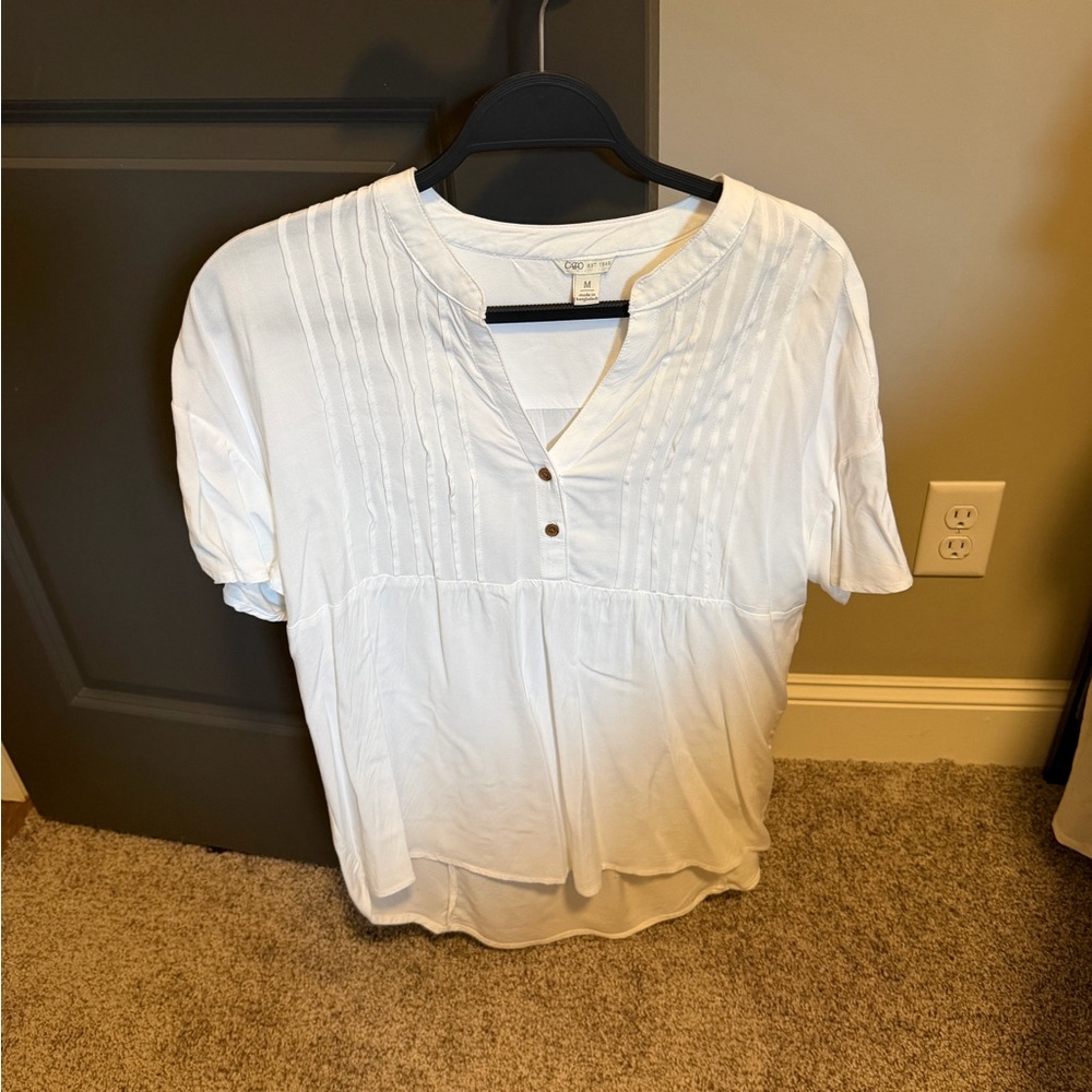 Cato White Pintuck Split-Neck Blouse